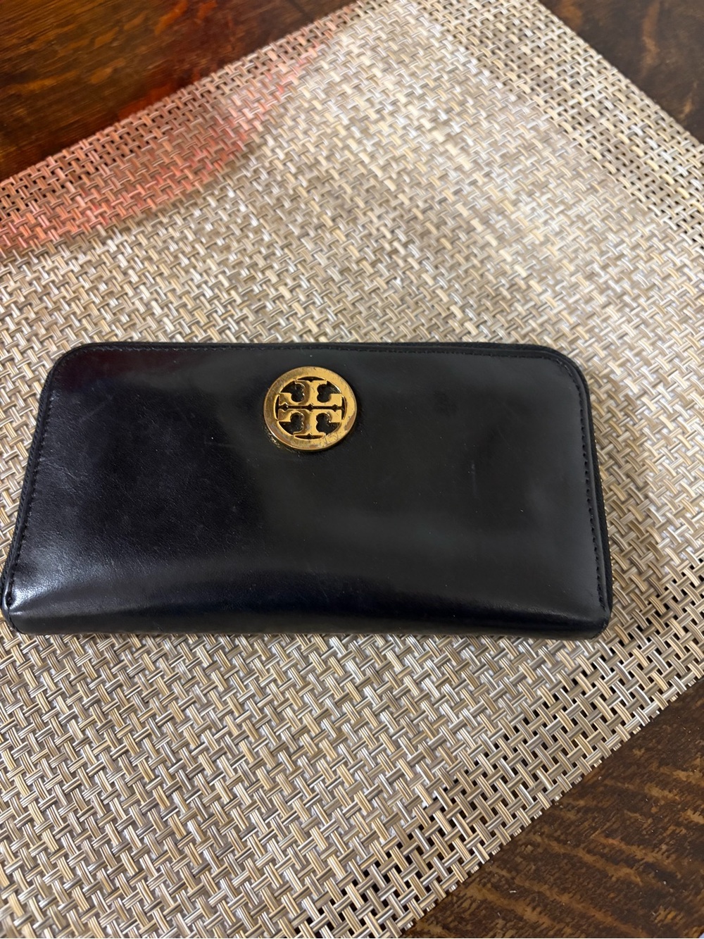 Tory Burch Black Leather Zip-Around Wallet with Gold Emblem